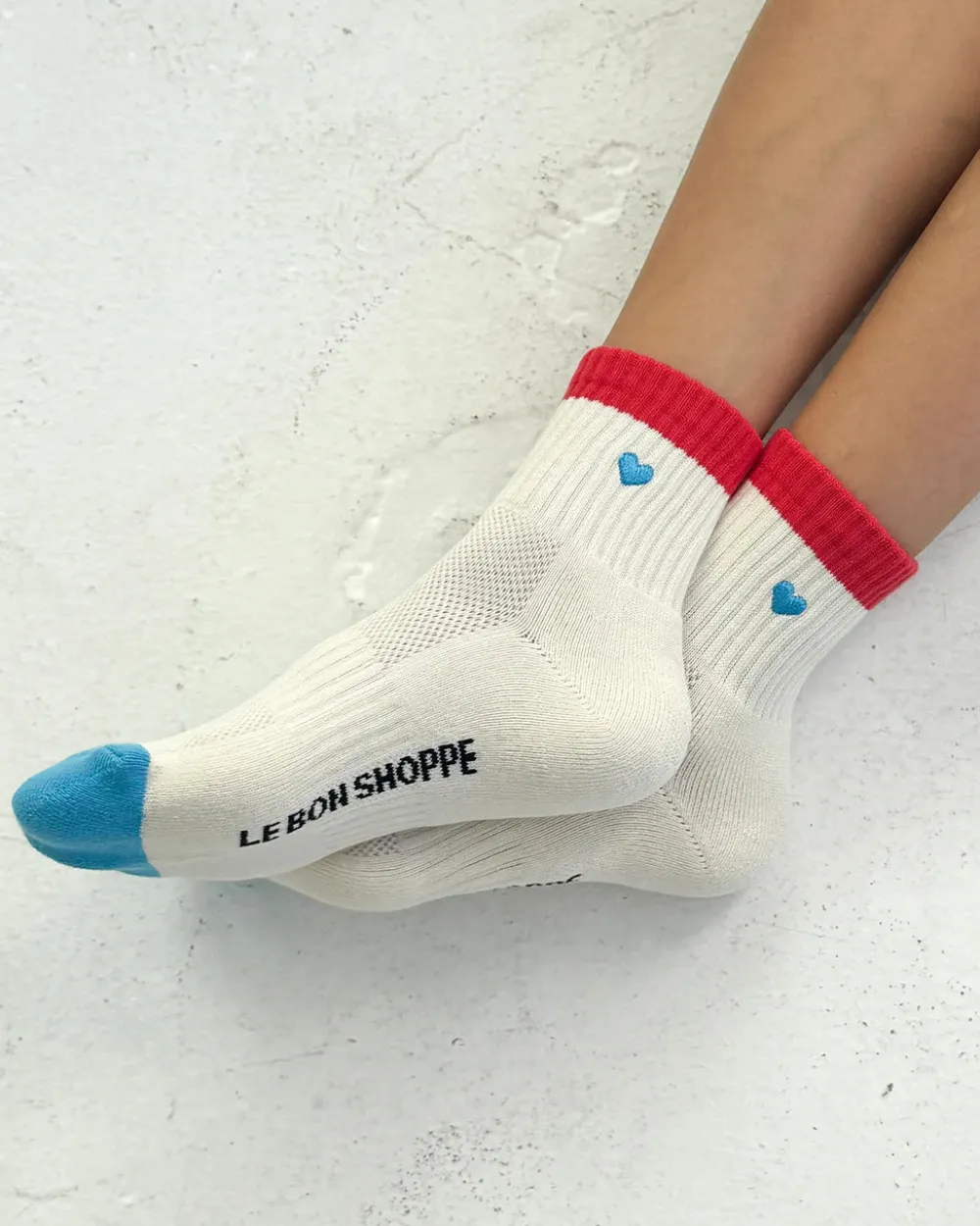 Le Bon Shoppe Embroidered Color Block Girlfriend Socks - Blue Red + Heart^ Socks + Slippers