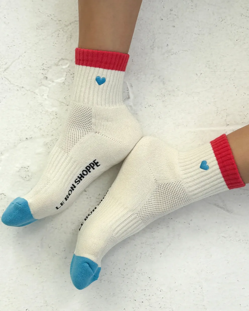 Le Bon Shoppe Embroidered Color Block Girlfriend Socks - Blue Red + Heart^ Socks + Slippers
