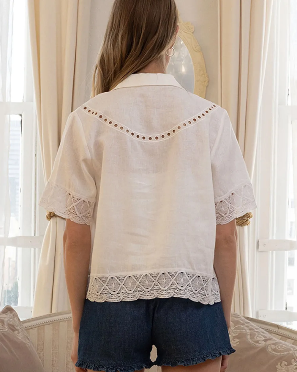 RAISONNEL Embroidered Lace Trim Button Blouse - Ivory^ Tops