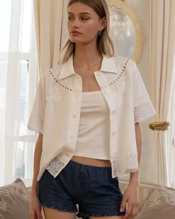 RAISONNEL Embroidered Lace Trim Button Blouse - Ivory^ Tops