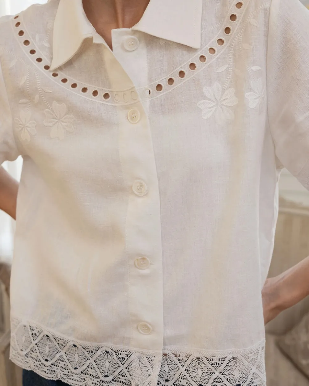 RAISONNEL Embroidered Lace Trim Button Blouse - Ivory^ Tops