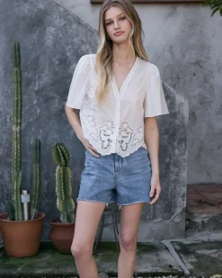 RAISONNEL Embroidered Scallop Hem Puff Sleeve Blouse - White^ Tops