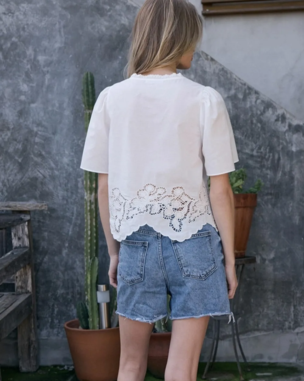 RAISONNEL Embroidered Scallop Hem Puff Sleeve Blouse - White^ Tops