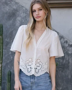 RAISONNEL Embroidered Scallop Hem Puff Sleeve Blouse - White^ Tops