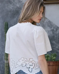 RAISONNEL Embroidered Scallop Hem Puff Sleeve Blouse - White^ Tops