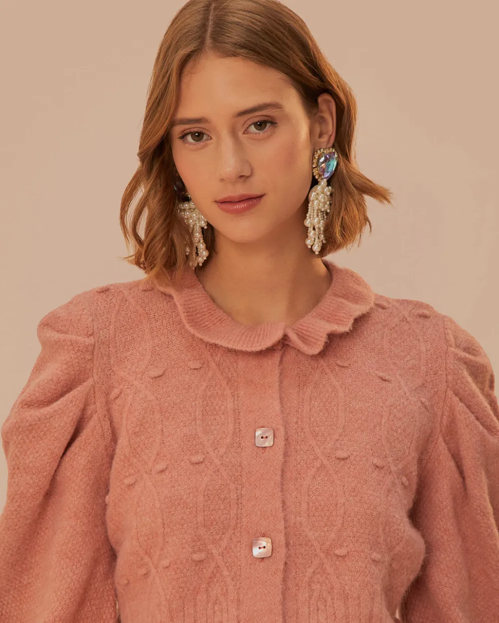Farm Rio Light Pink Ruffle Knit Cardigan^ Sweaters