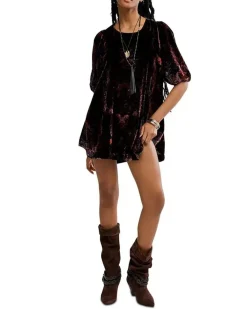 Free People Maye Printed Velvet Tunic - Dark Black Combo^ Tops