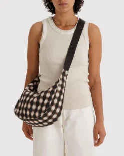 Baggu Medium Nylon Crescent Bag w/ Key Leash - Blurred Gingham Brown^ Bags