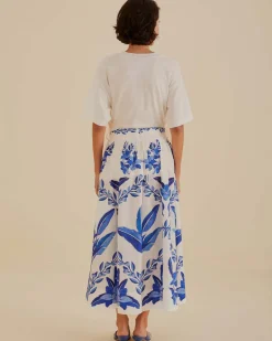 Farm Rio Off-White Blue Yard Organic Cotton Midi Skirt^ Bottoms