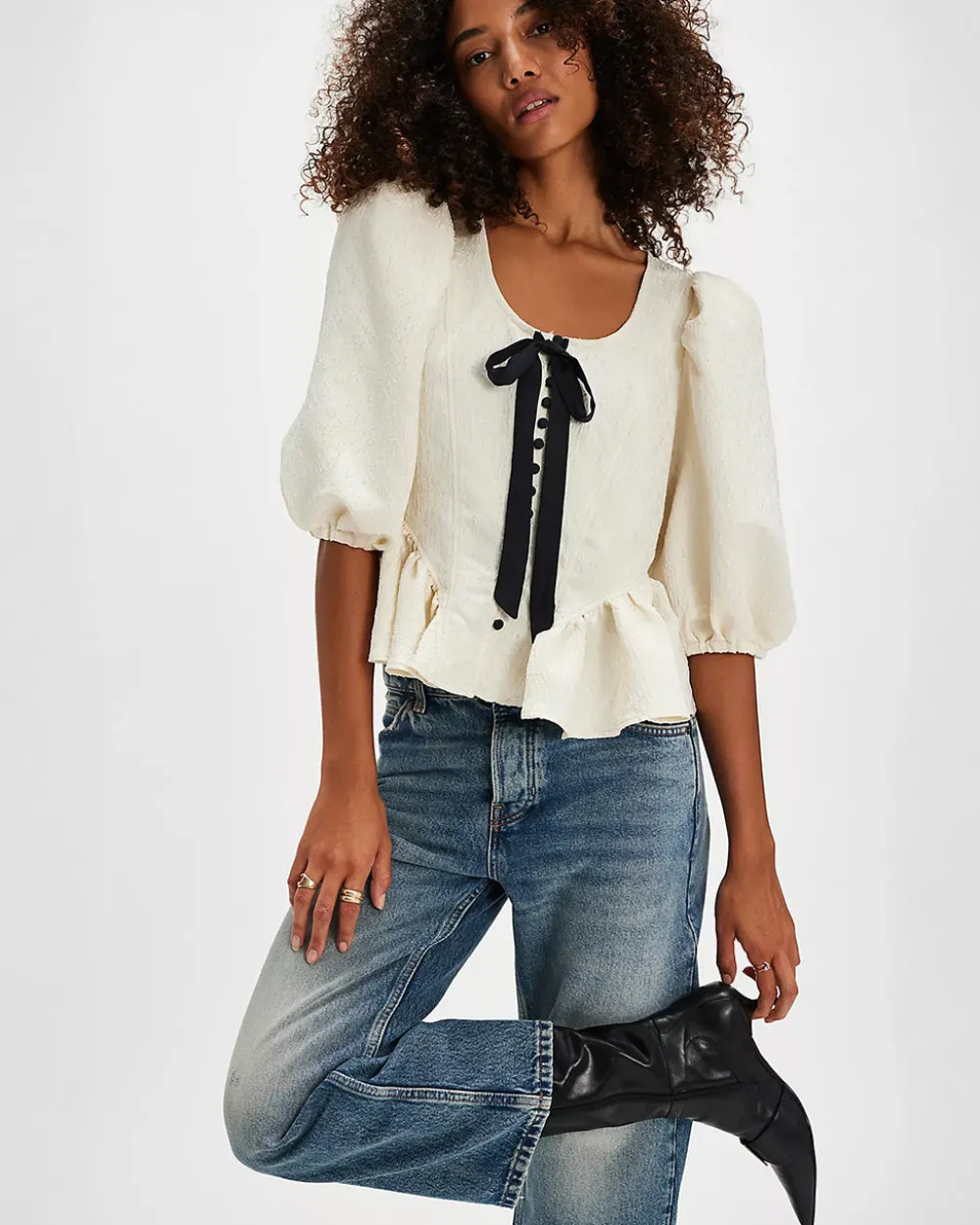 Free People Pamela Bow Top - White Alyssum^ Tops