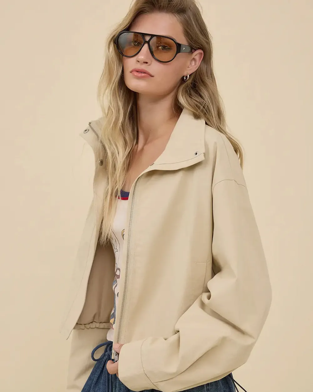 RAISONNEL Stand Collar Drawstring Jacket^ Jackets