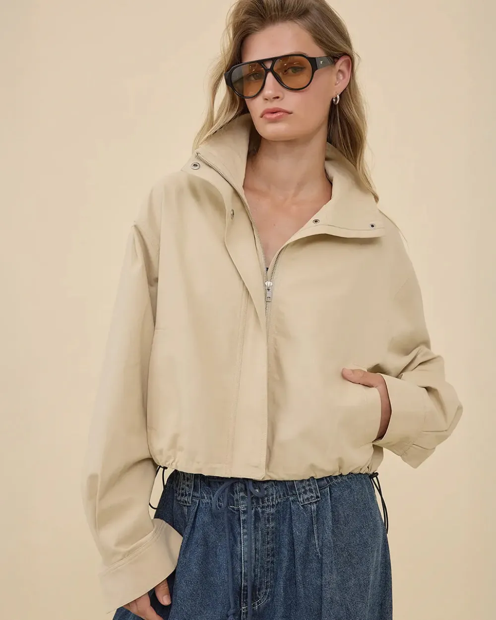 RAISONNEL Stand Collar Drawstring Jacket^ Jackets