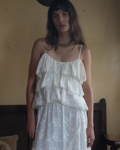 Muse Assembly Suze White Ruffle Top^ Tops
