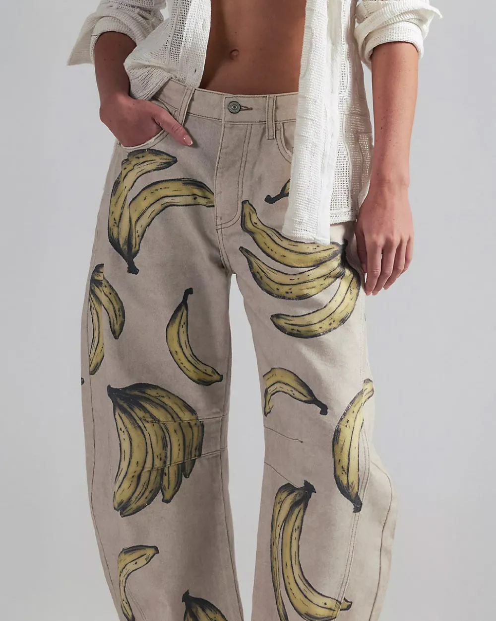 Free People We The Free Good Luck Printed Barrel Jeans - Go Bananas^ Bottoms